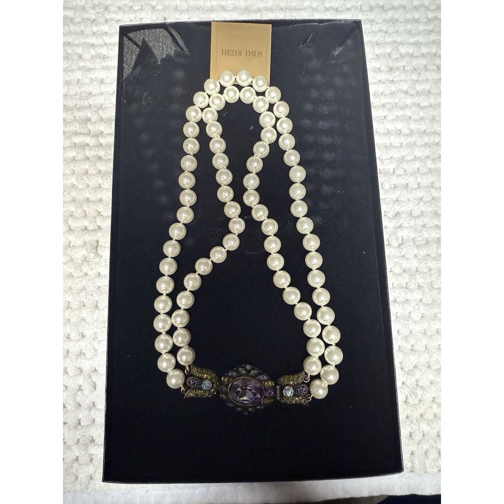 Heidi Daus Pearl Gems Necklace Double Strand Ivory Pearls Crystal Pendant w/ Box